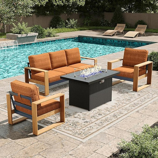 LayinSun 4 Pieces Aluminum Patio Furniture Set with Fire Pit Table, Oversized Seat with Hight Back, Outdoor Conversation Sets for Porch, Balcony, Deck