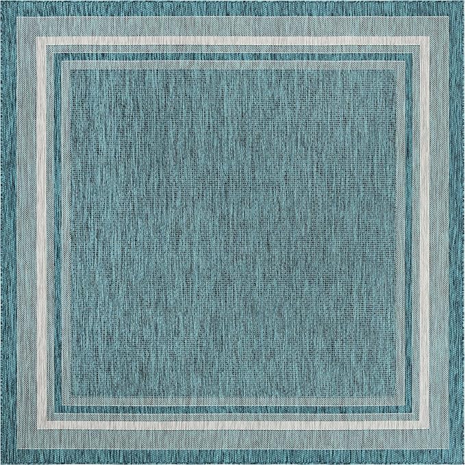 Unique Loom Outdoor Border Collection Area Rug - Soft Border (7' 10" Square, Teal/ Ivory)