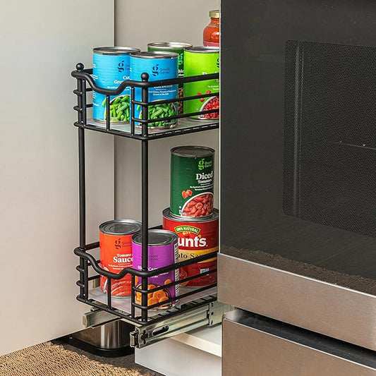 Household Essentials Glidez Multipurpose Paint-Finished Steel Pull-Out/Slide-Out Storage Organizer with Plastic Liners for Under Cabinet Use - 2-Tier Design, Black