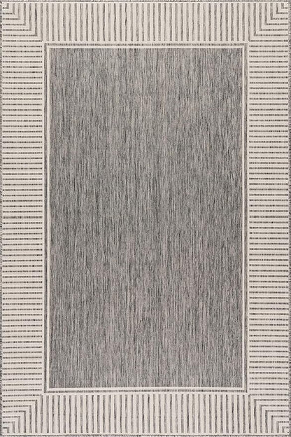 nuLOOM 4' x 6' Outdoor Area Rug, Casual Design with Striped Border, Stain Resistant, Highly Durable, for Patio, Balcony, Bedroom, Living Room, Dining Room, Bathroom, Steel