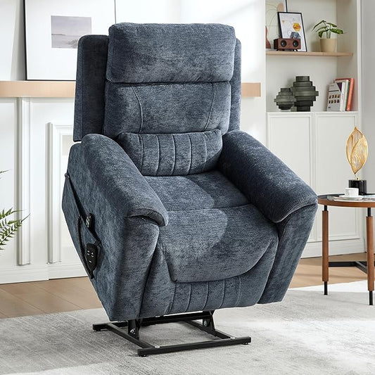 Power Lift Recliner Chair for Elderly People, Dual Motor Lay Flat Recliner with Vibration Massage and Heat, Heavy Duty Motion Mechanism Standing Assistance Reclining Chair, Chenille Fabric Blue