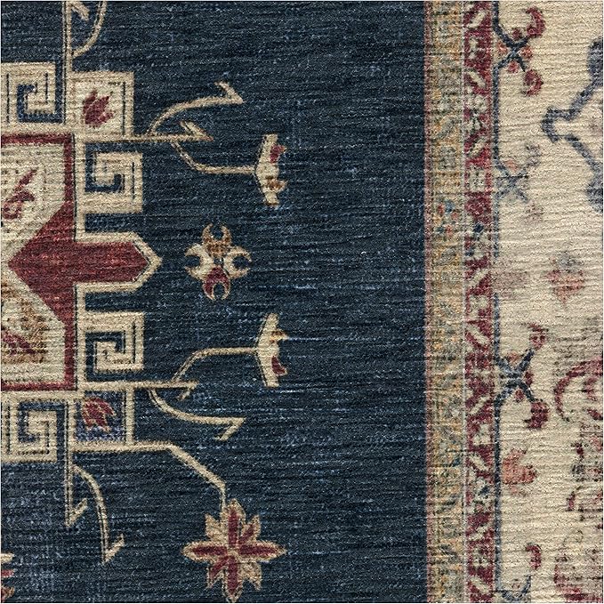 RUGGABLE Washable Vintage Runner Rug – Verena Sapphire 2.5x10, Stain-Resistant, Non-Slip Hallway Runner – Machine Washable Rug for Hallway, Entryway, Living Room & Kitchen–with Cushioned Pad