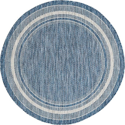 Unique Loom Outdoor Border Collection Area Rug - Soft Border (4' 1" Round, Blue/ Ivory)