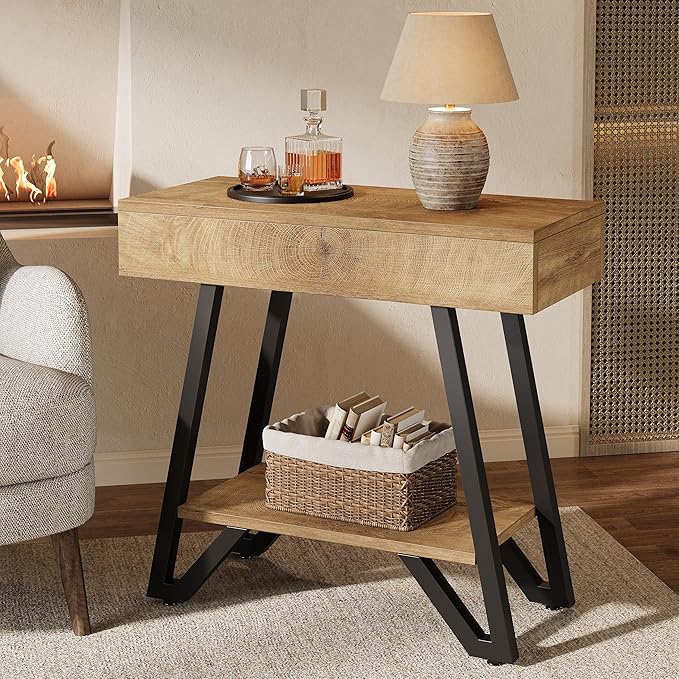 Tribesigns End Side Table for Living Room, Narrow Couch Arm Side Table with Storage Shelves, Small Bedside Nightstand for Bedroom, Small Spaces, Natural(Set of 2)