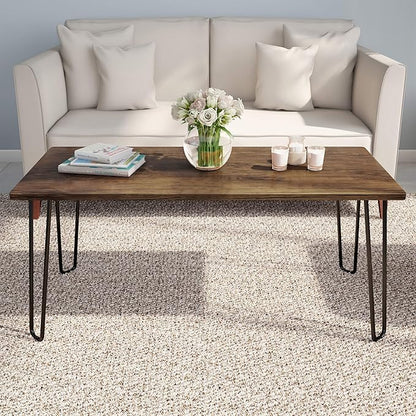 Lavish Home Coffee Table with Hairpin Legs - Modern Industrial Style Home Decor - Woodgrain-Look and Steel Accent Living Room Furniture (Brown)