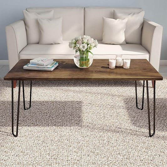 Lavish Home Coffee Table with Hairpin Legs - Modern Industrial Style Home Decor - Woodgrain-Look and Steel Accent Living Room Furniture (Brown)
