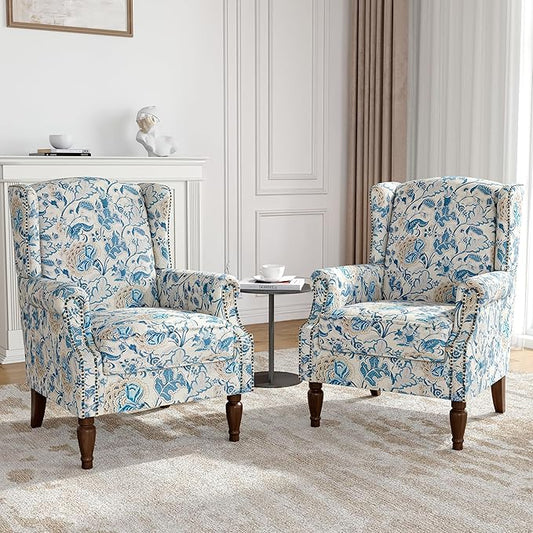 Floral Wingback Accent Chairs Set of 2, High Back Upholstered Armchair, Comfy Fabric Wingback Arms Chairs with Retro Solid Wood Legs, Single Sofa Reading Chair for Bedroom Living Room, Boho Blue