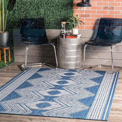 nuLOOM 8' x 10' Outdoor Tribal Geometric Area Rug, Stain Resistant, Weather Resistant, High Traffic, Patio, Balcony, Outside, Ranya Blue