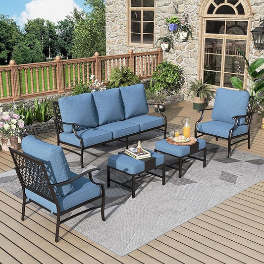 Patio Furniture Set 5 pcs, Outdoor Patio Furniture, 3-Seat Sofa, 2 Single Chairs, 2 Ottomans and 5.75" Extra Thick Cushion, Conversation Set for Backyard Deck,Navy Blue