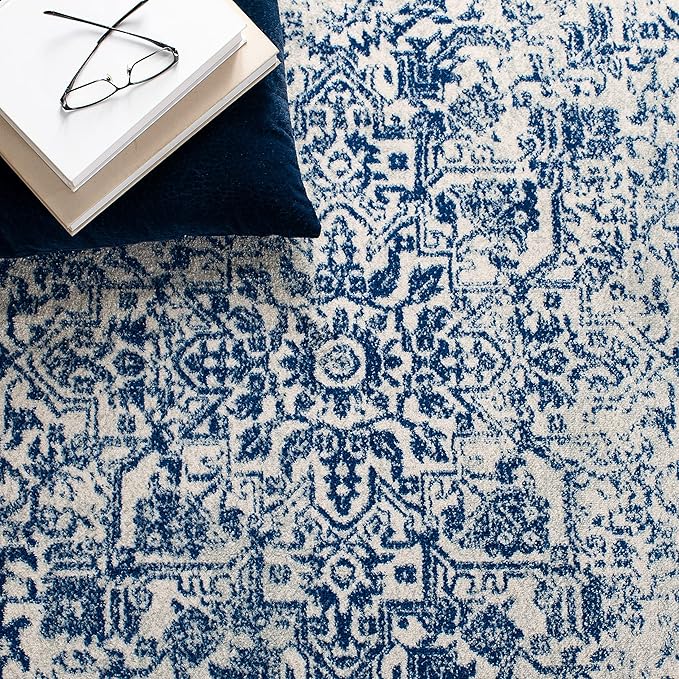 SAFAVIEH Evoke Collection Area Rug - 6'7" Square, Ivory & Navy, Distressed Design, Non-Shedding & Easy to Clean, Ideal for Living Room, Bedroom, Dining Space (EVK256N)