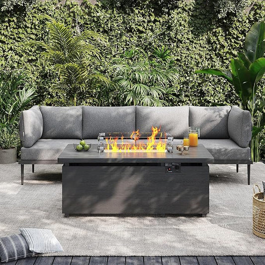 Sundale Outdoor 5 Pieces Patio Furniture Set with Fire Pit Table, Metal Outdoor Sectional Sofa with 6" Olefin Cushion, Modern Outdoor Conversation Sets (4 Seats, Grey Frame)
