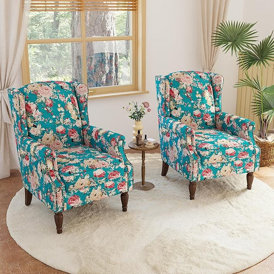 Lumibee High Back Accent Chair Set of 2, Armchair in Fabric,Comfy Upholstered Wingback Single Sofa Reading Chairs with Solid Wood Legs for Living Room,Bedroom,Office-Peacock Blue