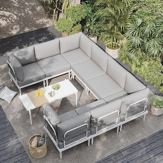 Sundale Outdoor 9 Pieces Patio Furniture Set, U-Shaped Outdoor Sectional Sofa with 6" Olefin Cushion and Coffee Table, Modern Metal Outdoor Conversation Sets (8 Seats,White Frame)
