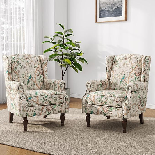 Accent Chair, Upholstered High Back Floral Armchair with Nailhead Trim & Wood Legs, Comfy Wingback Reading Single Sofa Chair for Small Spaces, Living Room, Bedroom (Bird Floral, Set of 2)