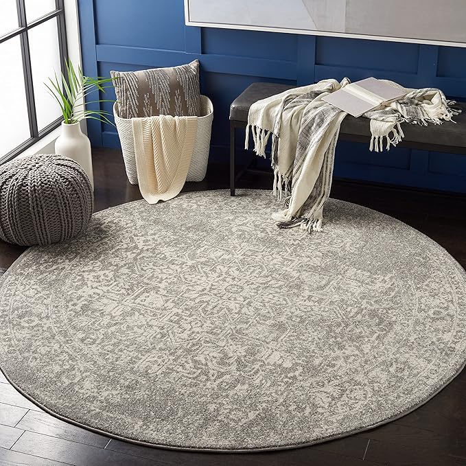 SAFAVIEH Evoke Collection Area Rug - 9' Round, Silver & Ivory, Distressed Design, Non-Shedding & Easy to Clean, Ideal for Living Room, Bedroom, Dining Space (EVK256S)