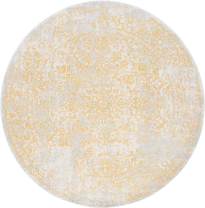 SAFAVIEH Evoke Collection Area Rug - 3' Round, Ivory & Gold, Distressed Design, Non-Shedding & Easy to Clean, Ideal for Foyer, Bedroom, Accent Space (EVK256B)