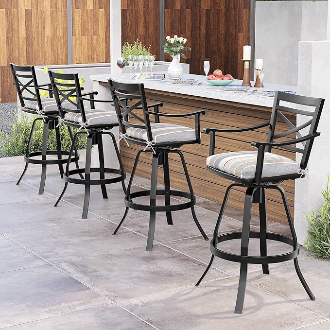 Pellebant 30" Sunbrella Outdoor Bar Stools Set of 2, Aluminum Swivel Patio Bar Height Barstools with Back & Footrest, Tall Barstool Chairs for Deck Lawn Garden, Milano Char