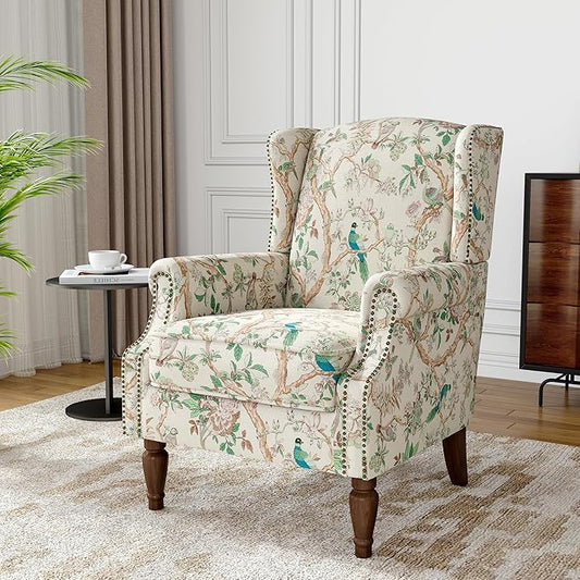 Wingback Accent Chair, High Back Upholstered Armchair, Printed Fabric Wingback Arms Chairs with Wood Legs, Single Sofa Reading Chair for Bedroom Living Room, Bird