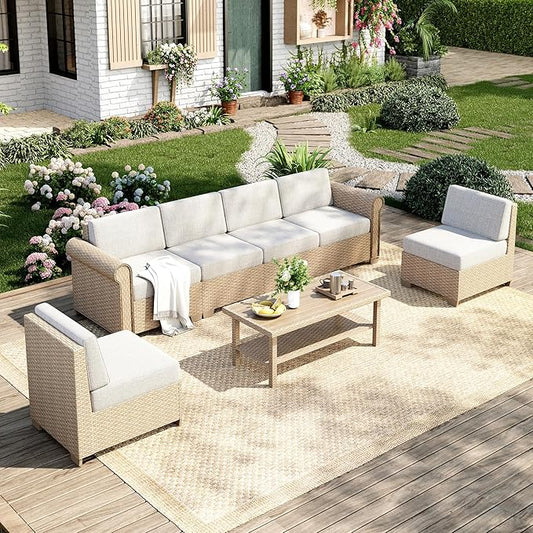 Patio Furniture Set, 7 Piece Outdoor Rattan Wicker Sectional Conversation Set with 5.5" Thick Waterproof Cushions and Coffee Table for Deck Backyar