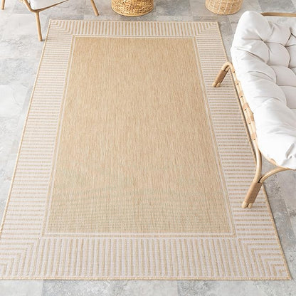 nuLOOM 10x14 Outdoor/Indoor Asha Area Rug, Tan, Casual Design with Striped Border, Stain Resistant, Highly Durable, for Patio, Balcony, Bedroom, Living Room, Dining Room, Bathroom