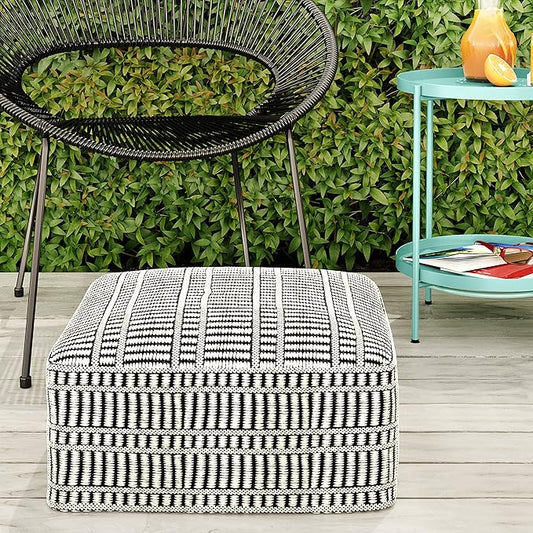 SIMPLIHOME Safford 20-inch Wide Pouf in Black and White, Handwoven Outdoor/Indoor Boho-Style Ottoman for Living Room, Bedroom, or Patio, Weather-Resistant, UV-Protected, Assembled