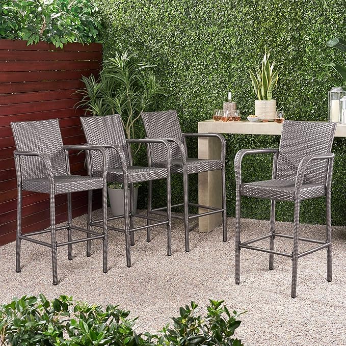 Christopher Knight Home Delfina Outdoor Wicker Barstools, 4-Pcs Set, Grey