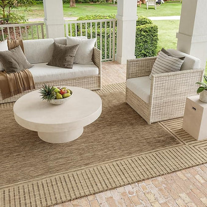 nuLOOM 7' Square Outdoor Area Rug, Casual Design with Striped Border, Stain Resistant, Highly Durable, for Patio, Balcony, Bedroom, Living Room, Dining Room, Bathroom, Light Brown