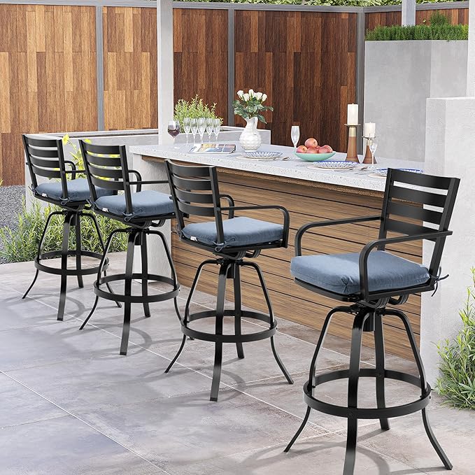 Pellebant 29.5" Outdoor Bar Stools Set of 2, Rust-Proof Aluminum Swivel Patio Chairs Bar Height with Back & Footrest, Tall Metal Barstools for Outside Deck Lawn Garden, Spectrum Denim
