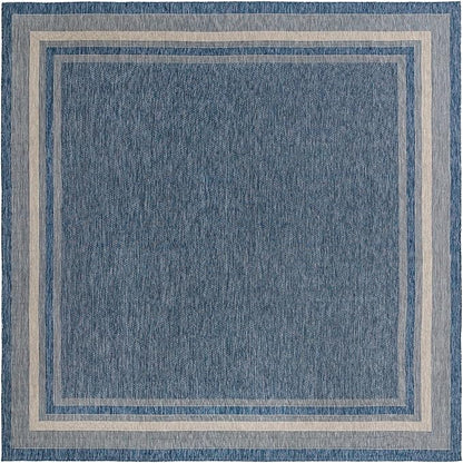 Unique Loom Outdoor Border Collection Area Rug - Soft Border (13' Square, Blue/ Ivory)