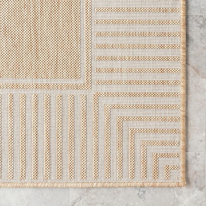 nuLOOM 9'6" x 12' Outdoor/Indoor Asha Area Rug, Tan, Casual Design with Striped Border, Stain Resistant, Highly Durable, for Patio, Balcony, Bedroom, Living Room, Dining Room, Bathroom