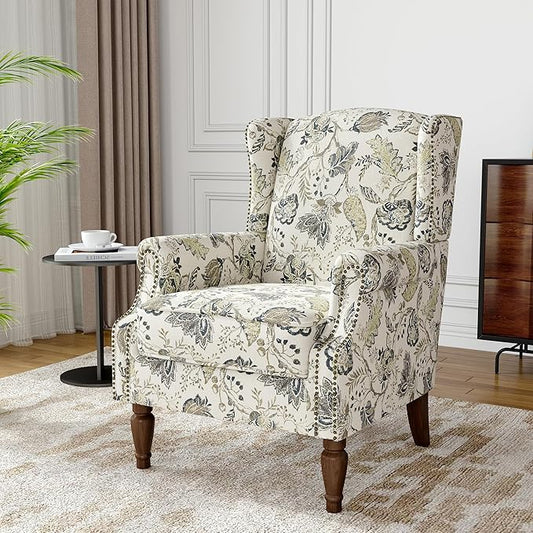Floral Wingback Accent Chair, High Back Upholstered Armchair, Comfy Fabric Wingback Arms Chairs with Retro Solid Wood Legs, Single Sofa Reading Chair for Bedroom Living Room, Plants Beige