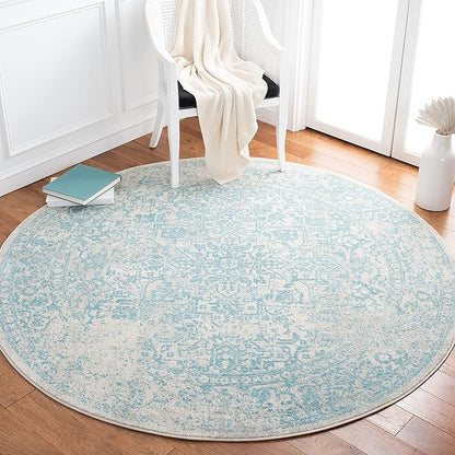 SAFAVIEH Evoke Collection Area Rug - 6'7" Round, Ivory & Aqua, Distressed Design, Non-Shedding & Easy to Clean, Ideal for Living Room, Bedroom, Dining Space (EVK256J)