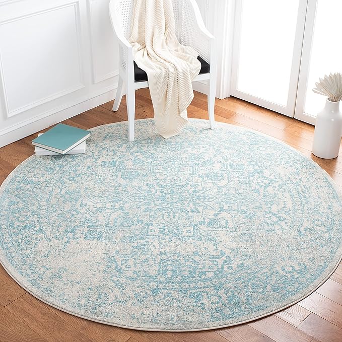 SAFAVIEH Evoke Collection Area Rug - 3' Round, Ivory & Aqua, Distressed Design, Non-Shedding & Easy to Clean, Ideal for Foyer, Bedroom, Accent Space (EVK256J)