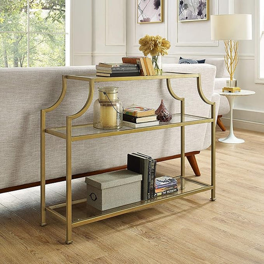 Crosley Furniture Aimee Sofa Console Table with Storage Shelves for Hall, Entryway, or Living Room, Gold and Glass