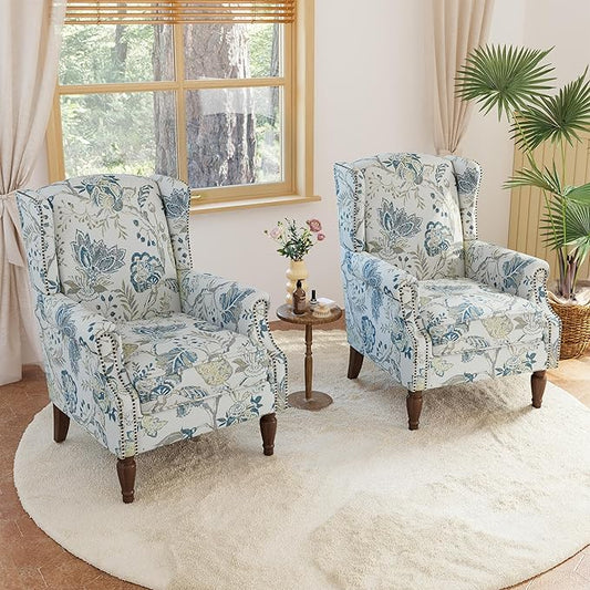 Lumibee Wingback Accent Chair, 2 Set High Back Floral Armchairs in Fabric,Comfy Upholstered Reading Single Sofa Chairs with Solid Wood Legs for Living Room,Bedroom,Office-Plants Blue