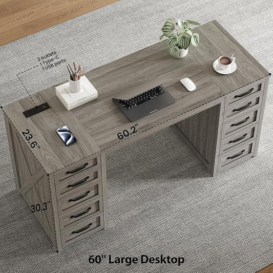 WOPITUES 60" Farmhouse Home Office Desk with 10 Wooden Drawers, Rustic Computer Writing Desk with Power Outlets, Large Executive Desk with Storage Cabinet for Work Study Writing Craft, Wood Grain Gray