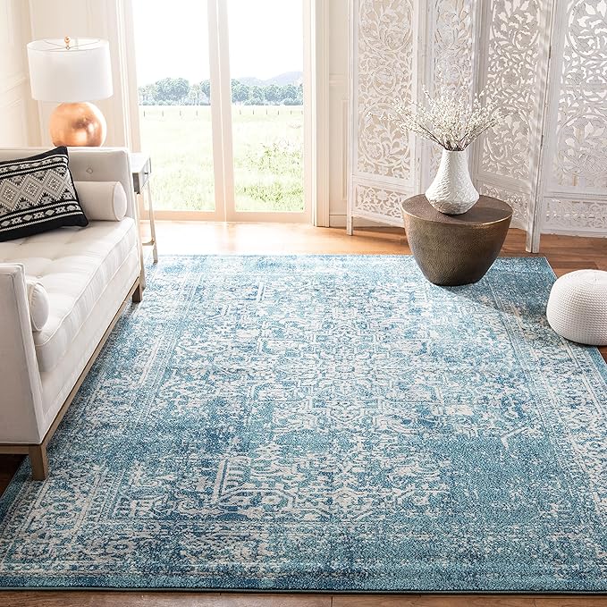SAFAVIEH Evoke Collection Area Rug - 6'7" Square, Blue & Ivory, Distressed Design, Non-Shedding & Easy to Clean, Ideal for Living Room, Bedroom, Dining Space (EVK256C)