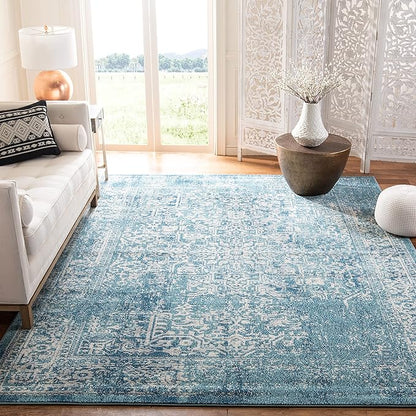 SAFAVIEH Evoke Collection Area Rug - 6'7" Square, Blue & Ivory, Distressed Design, Non-Shedding & Easy to Clean, Ideal for Living Room, Bedroom, Dining Space (EVK256C)