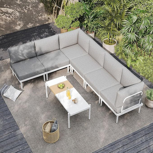 Sundale Outdoor 7 Pieces Metal Patio Furniture Set, Outdoor Sectional Sofa w/6 Inch Olefin Cushion and Coffee Table, Modern Outdoor Conversation Sets (6 Seats, White Frame)