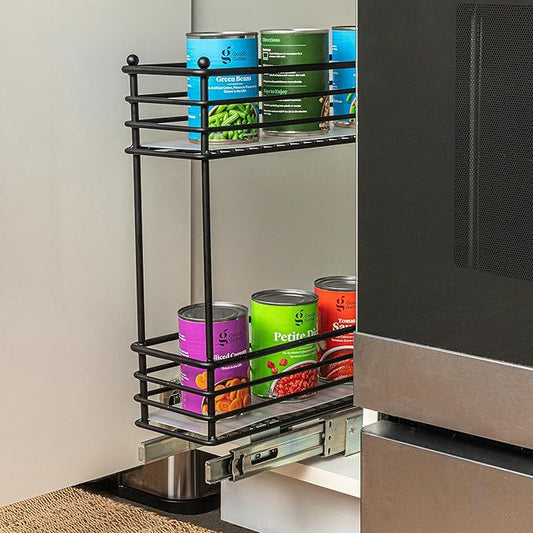Household Essentials Glidez Multipurpose Paint-Finished Steel Pull-Out/Slide-Out Storage Organizer with Plastic Liners for Under Cabinet Use - 2-Tier Design, Black