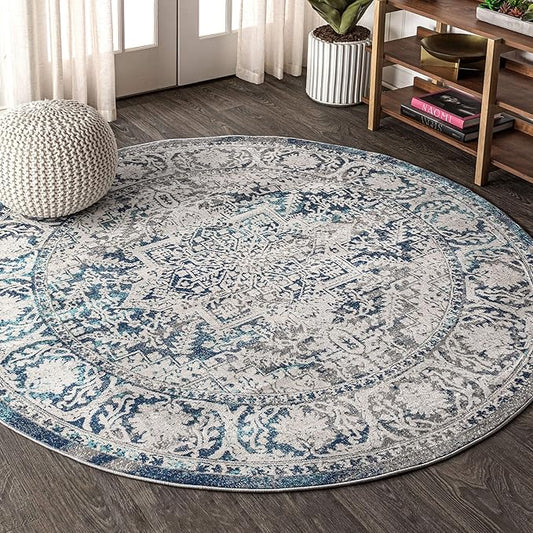 JONATHAN Y Modern Vintage Medallion Navy/Light Gray 9' Round Indoor Area Rug, Country, Floral, Easy-Cleaning for Living Room, Bedroom, Kitchen, Pet Friendly, Non-Shedding (MDP100B-9R)