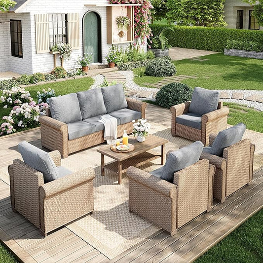 Patio Furniture Set 6 pcs, Wicker Outdoor Patio Furniture, 3-Seat Sofa, 4 Single Chairs and Coffee Table, Rattan Patio Conversation Set for Backyard Deck, Grey
