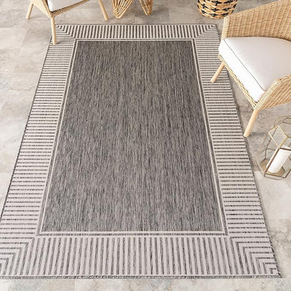 nuLOOM 10' x 14' Outdoor Area Rug, Casual Design with Striped Border, Stain Resistant, Highly Durable, for Patio, Balcony, Bedroom, Living Room, Dining Room, Bathroom, Steel