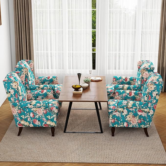 Accent Chair, Upholstered High Back Floral Armchair with Nailhead Trim & Wood Legs, Comfy Wingback Reading Single Sofa Chair for Small Spaces, Living Room, Bedroom ( Peacock Blue Floral, Set of 2)