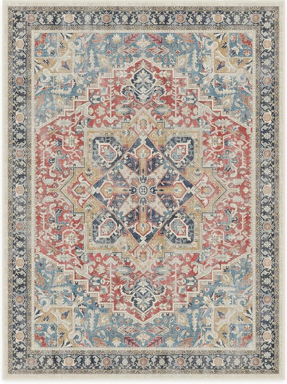 RUGGABLE Washable Vintage Area Rug – Kamran Cayenne Red 9x12, Stain-Resistant, Non-Slip – Large Machine Washable Rugs for Living Room, Bedroom, Hallway, Entryway & Office–with Cushioned Pad