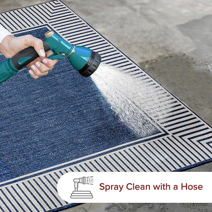 nuLOOM 7' Square Outdoor Area Rug, Casual Design with Striped Border, Stain Resistant, Highly Durable, for Patio, Balcony, Bedroom, Living Room, Dining Room, Bathroom, Navy
