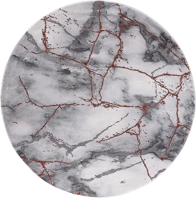 SAFAVIEH Craft Collection Area Rug - 6'7" Round, Grey & Orange, Modern Abstract Marble Pattern Design, Non-Shedding & Easy Care, Ideal for High Traffic Areas in Living Room, Bedroom (CFT877P)