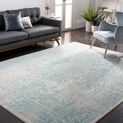 SAFAVIEH Area Rug 10x14 - Evoke Collection - Large - Ivory & Aqua, Distressed Design, Non-Shedding & Easy to Clean, Ideal for Living Room, Bedroom, Dining Space (EVK256J)