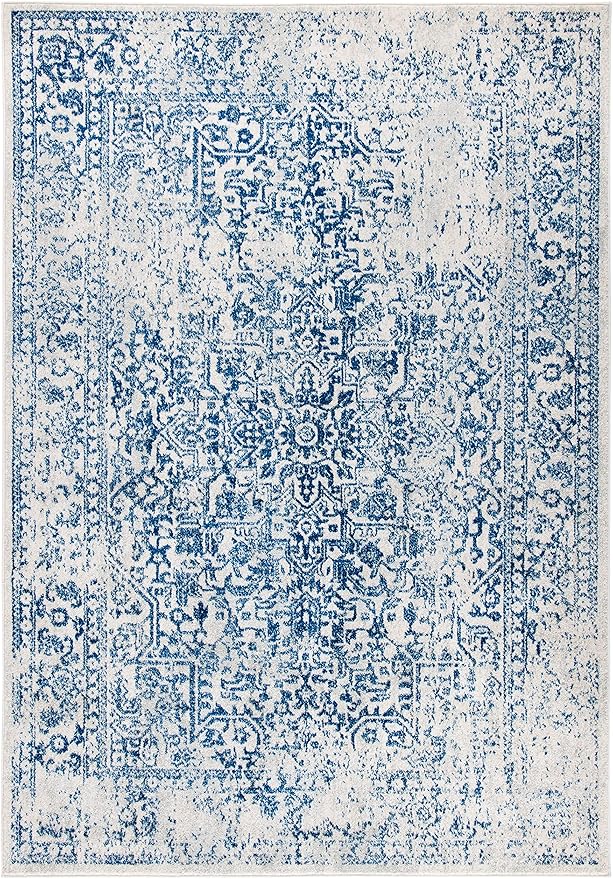 SAFAVIEH Evoke Collection 3' x 5' Ivory / Navy EVK256N Oriental Distressed Non-Shedding Living Room Bedroom Accent Rug