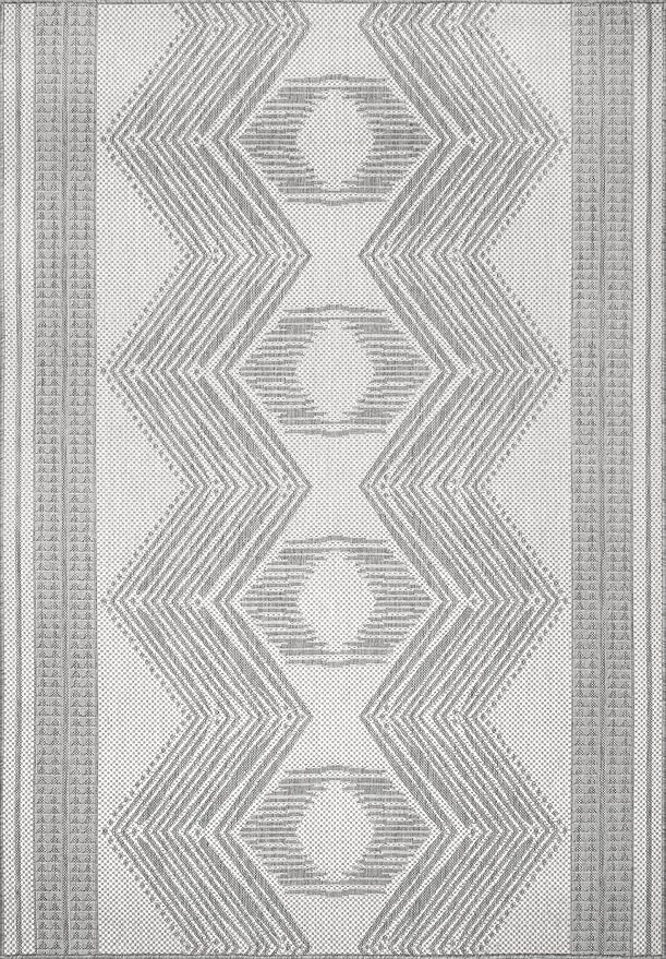 nuLOOM 7' Square Outdoor Tribal Geometric Area Rug, Stain Resistant, Weather Resistant, High Traffic, Patio, Balcony, Outside, Ranya Light Grey